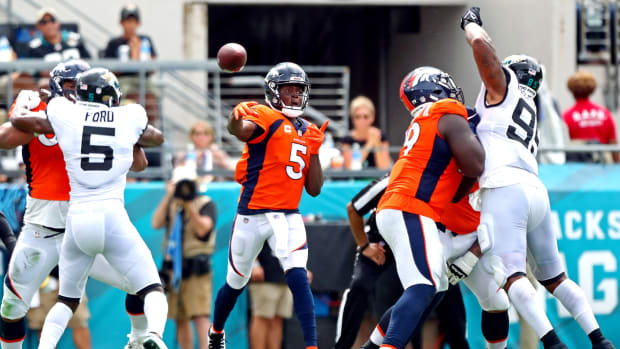 Denver Broncos quarterback Teddy Bridgewater (5) throws a pass during the second quarter against the Jacksonville Jaguars at TIAA Bank Field.